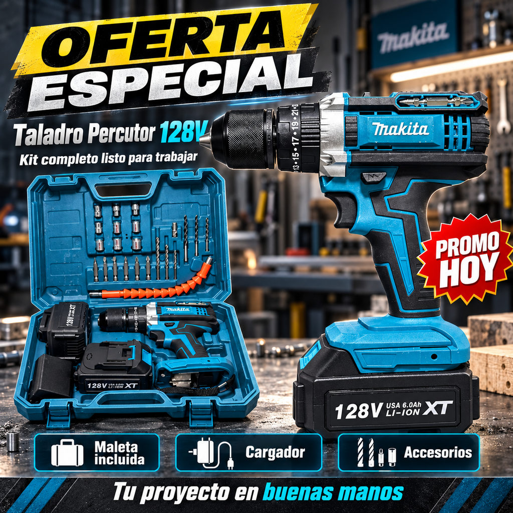 Kit Taladro Percutor 128v - 12 + Maleta con Accesorios