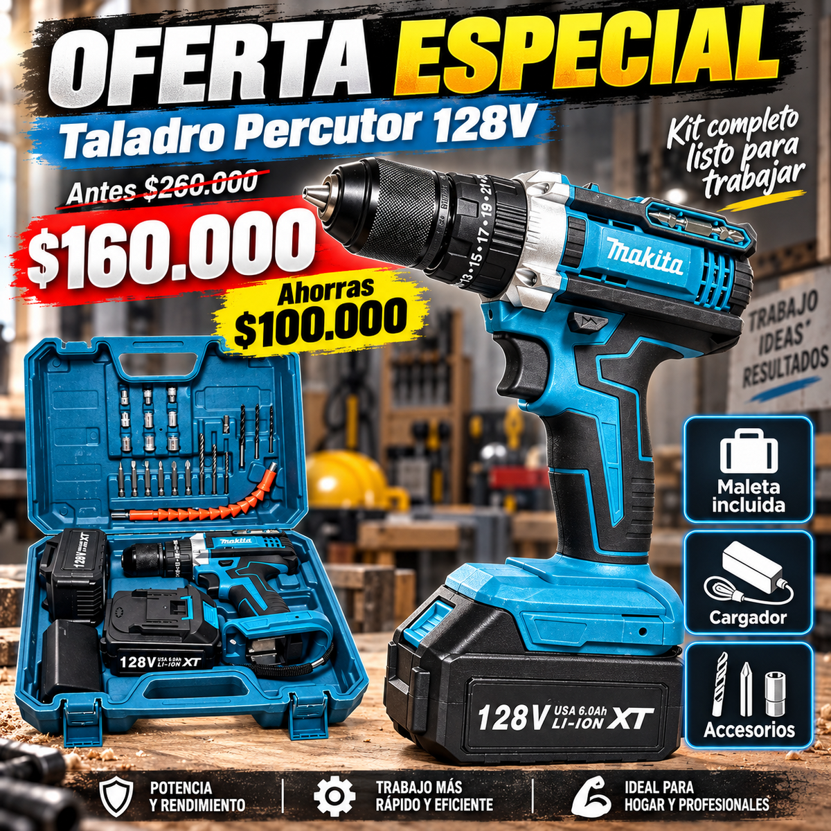 Kit Taladro Percutor 128v - 12 + Maleta con Accesorios